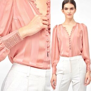 REBECCA TAYLOR La Chemise Blouse Silk Stripe Top Satin Puffed Puff Sleeve Pink 6